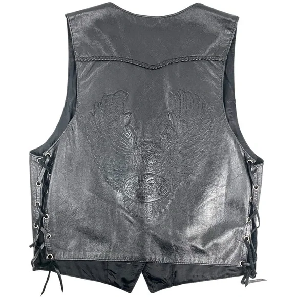 Vtg Le Cuir Niko Leather Biker Vest Black Size L, Eagle Embrossed Braided Detail - Picture 4 of 14